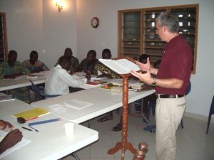 Dr Crofford teaches a course on John Wesley's theology to students in Benin